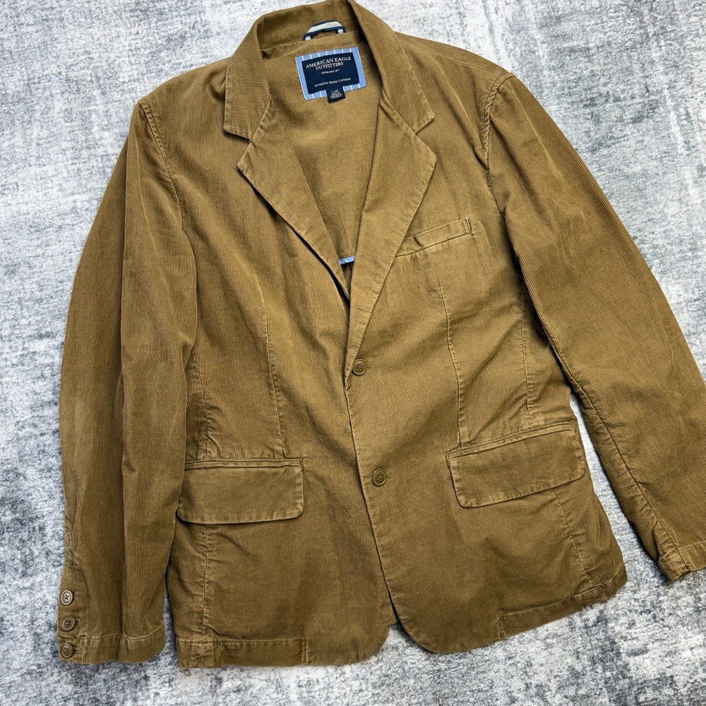 Y2K American Eagle Blazer Jacket‎ Mens Large Brown Corduroy Sport Coat Academia